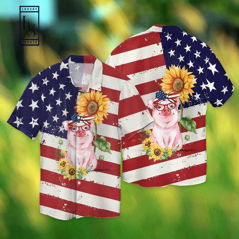 4th Of July Independence Day American Love Pig With Sunflower Hawaiian Shirt