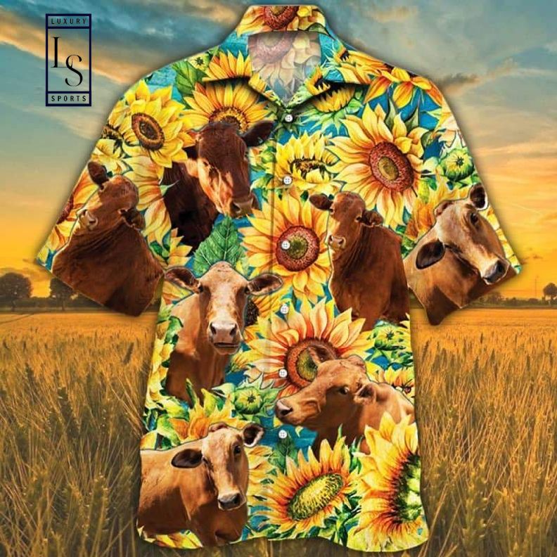Beefmaster Cattle Sunflower Watercolor Hawaiian Shirt