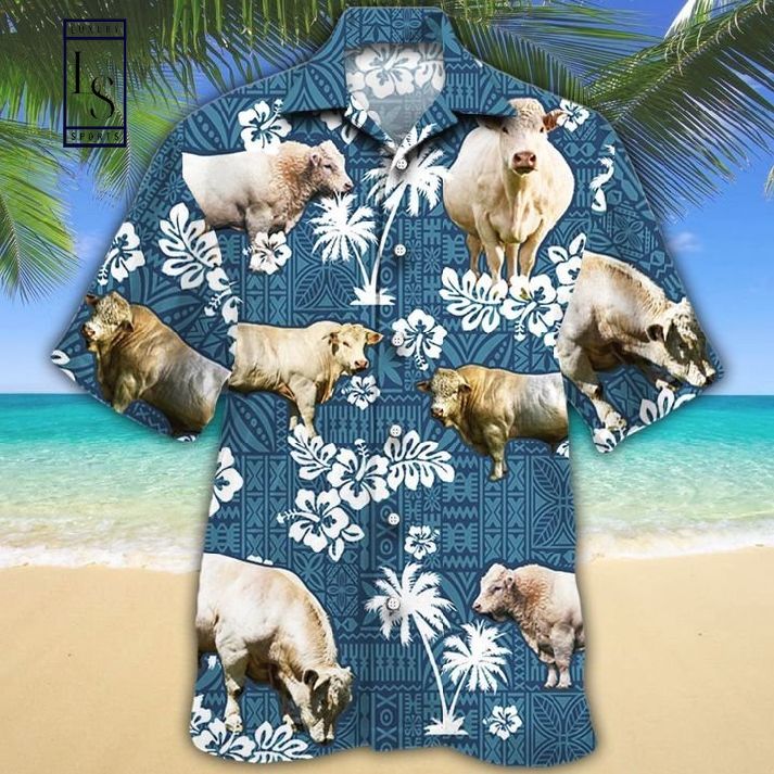 Charolais Cattle Blue Tribal Hawaiian Shirt
