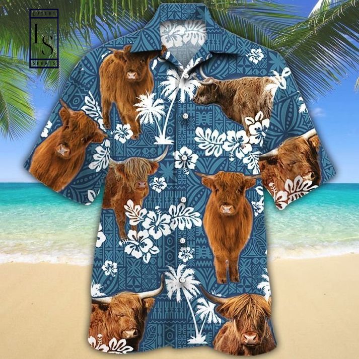Highland Cattle Blue Tribal Hawaiian Shirt