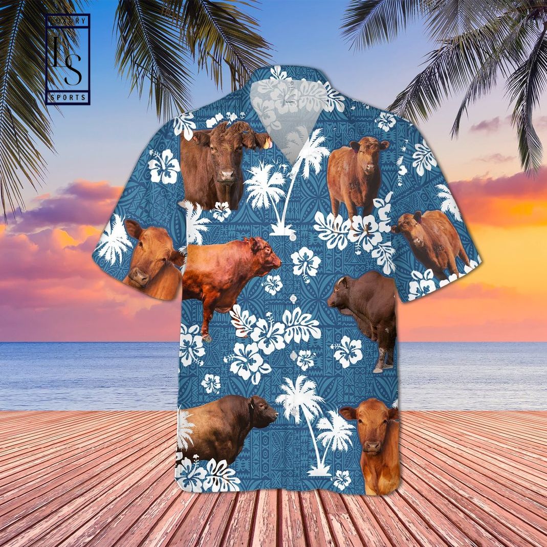 Red Angus Cattle Blue Tribal Hawaiian Shirt