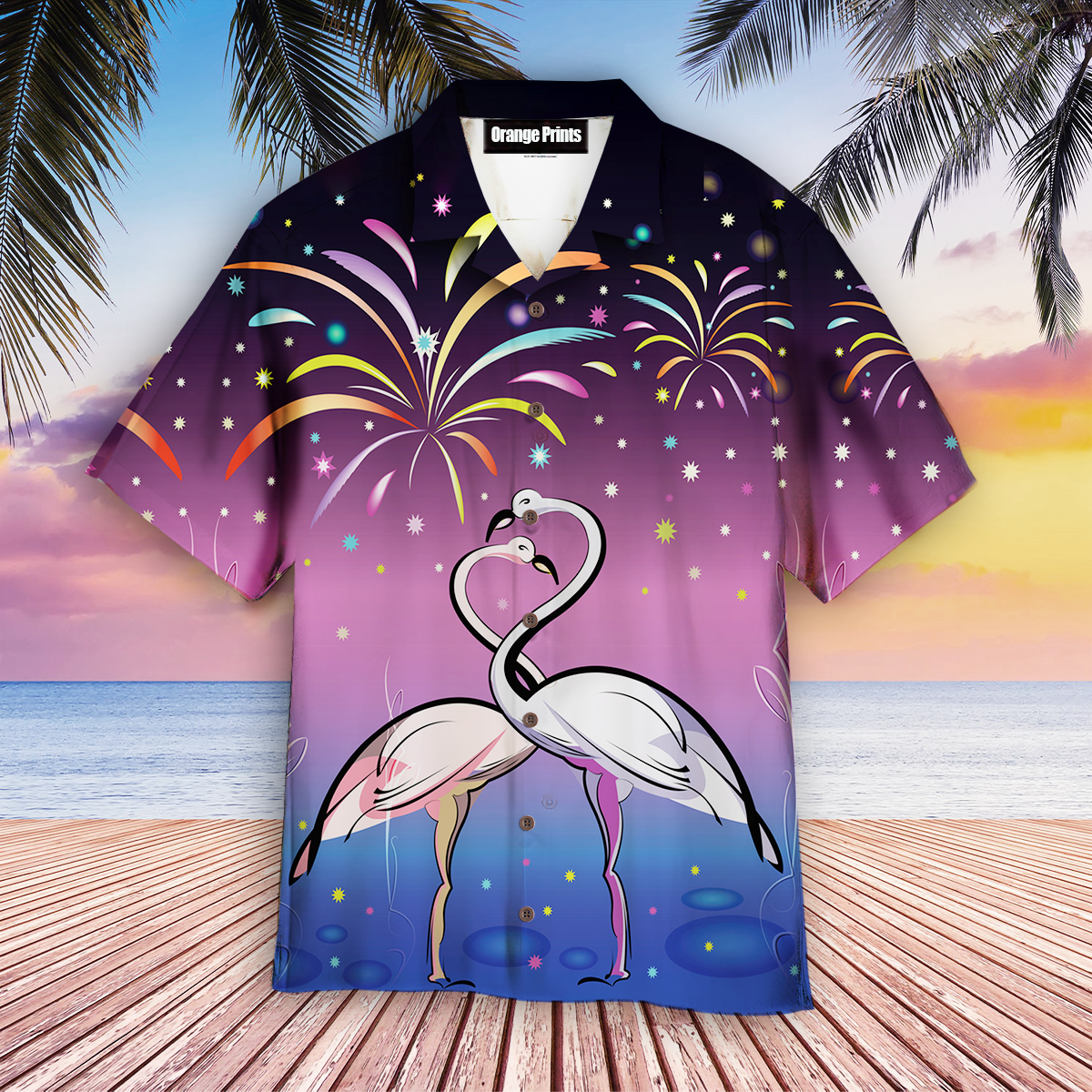 Flamingos On Firework Hawaiian Shirt