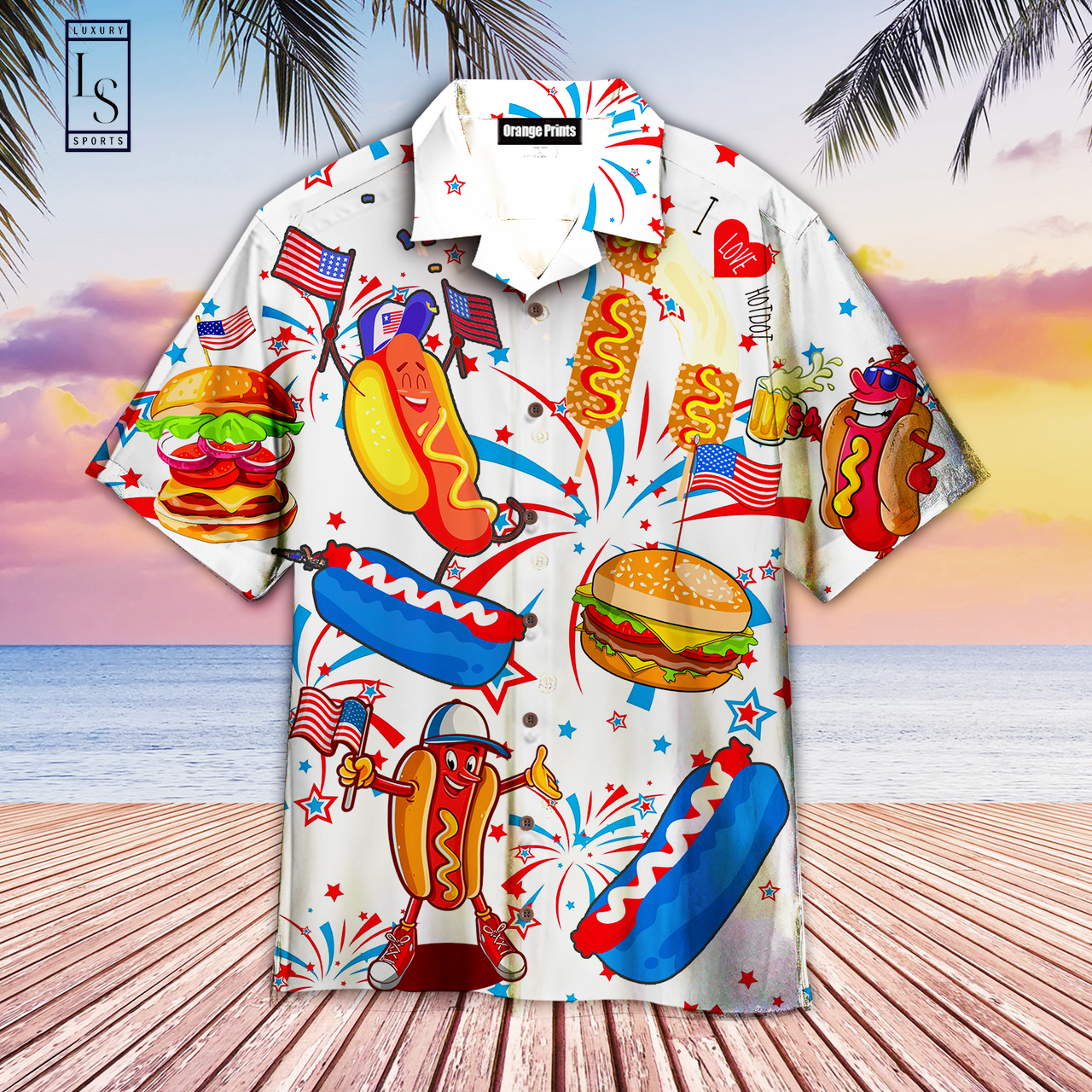 Funny Hot Dog in 4th Of July Hawaiian Shirt