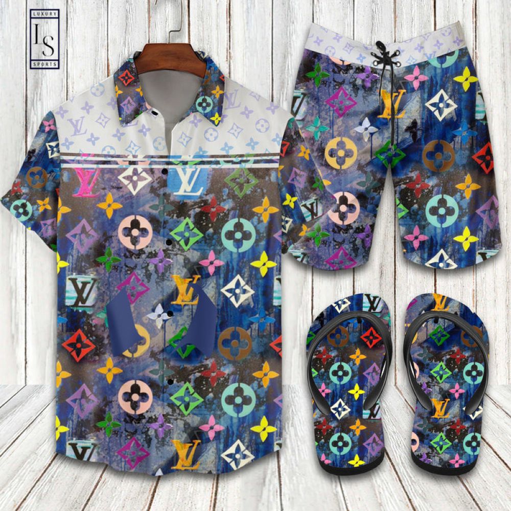 Louis vuitton colorful hawaii shirt shorts set flip flops luxury lv  clothing clothes outfit for men 150 hs…