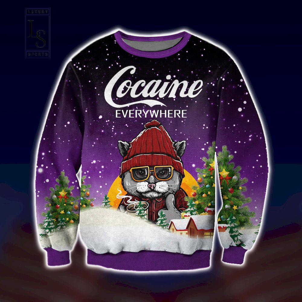 Black Cat Cocaine Everywhere Ugly Christmas Sweater