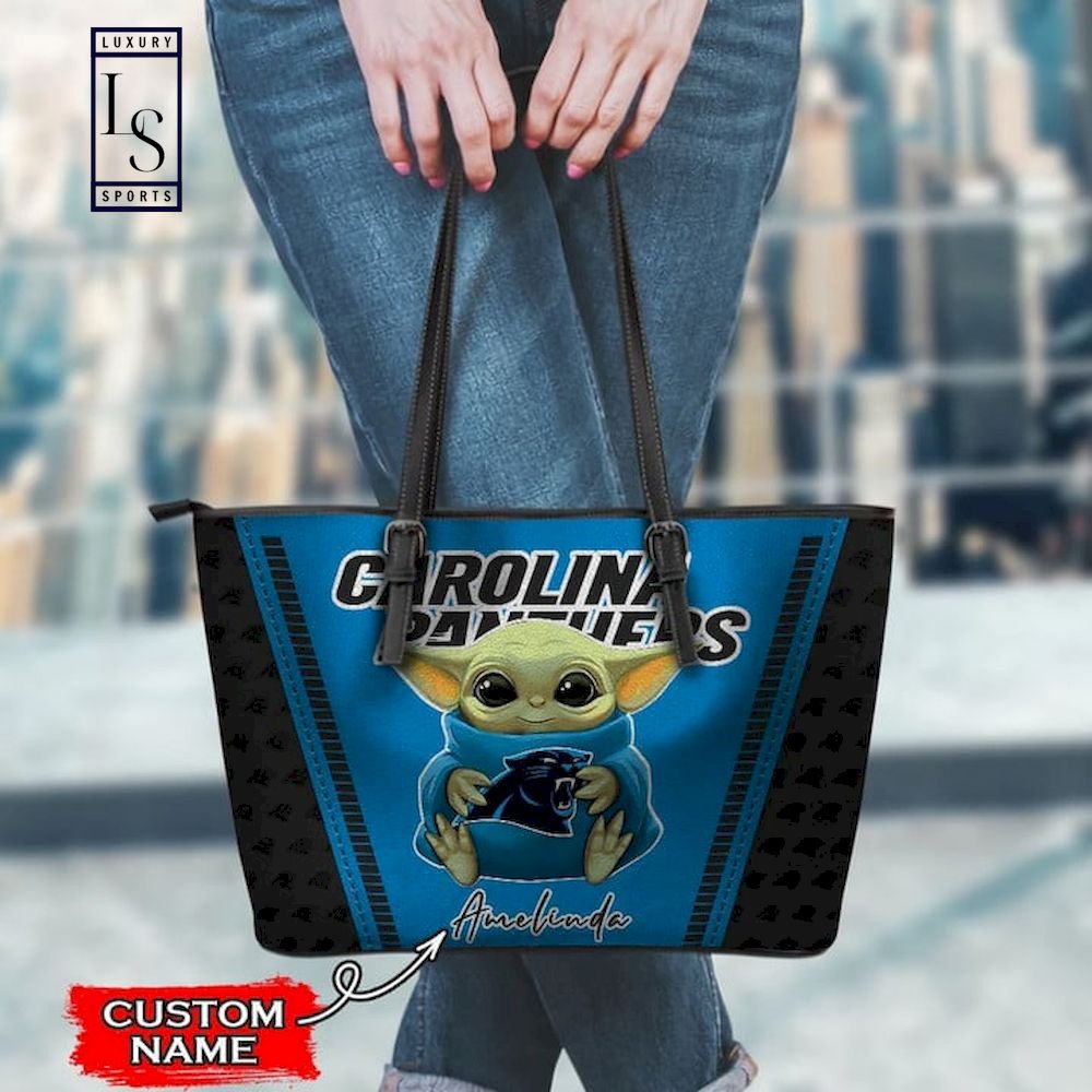 Carolina Panthers With Baby Yoda Custom Name Leather Tote Bag