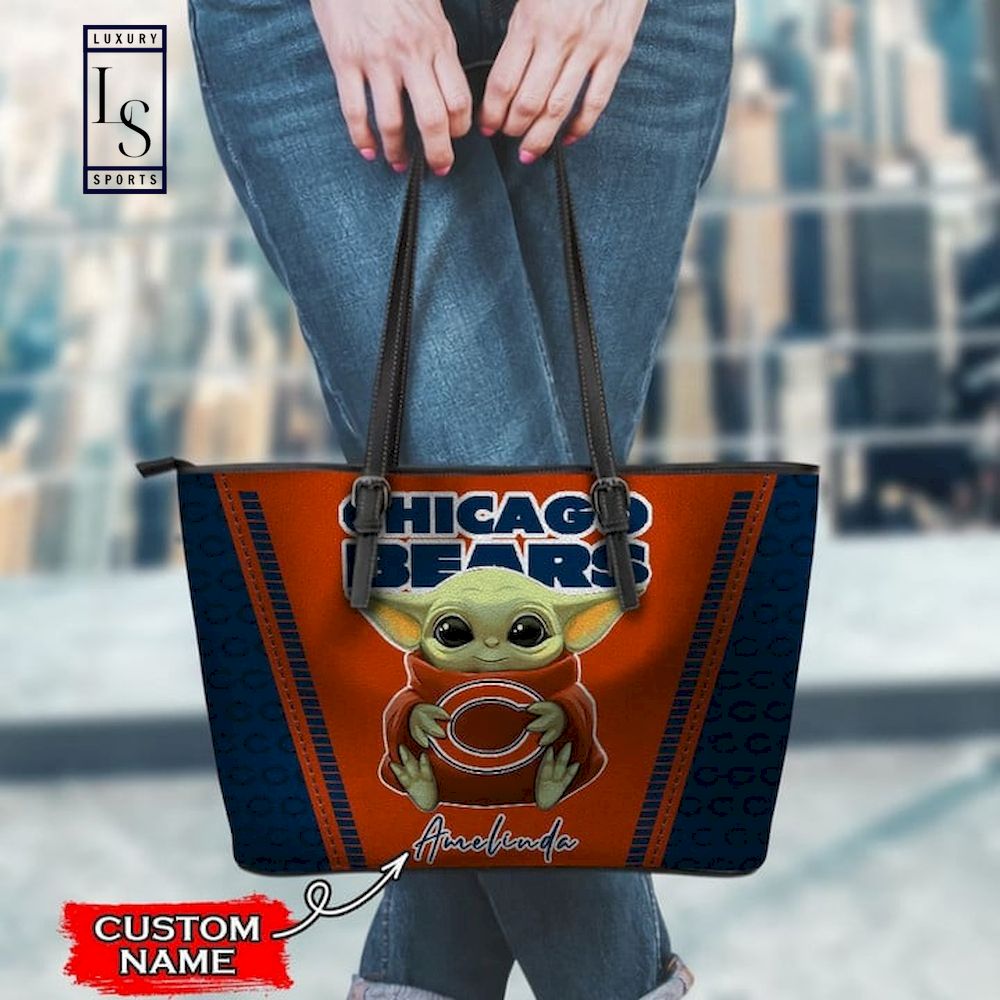 Chicago Bears With Baby Yoda Custom Name Leather Tote Bag