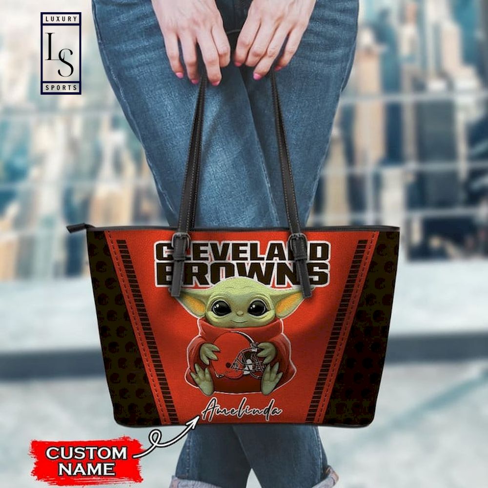 Cleveland Browns With Baby Yoda Custom Name Leather Tote Bag