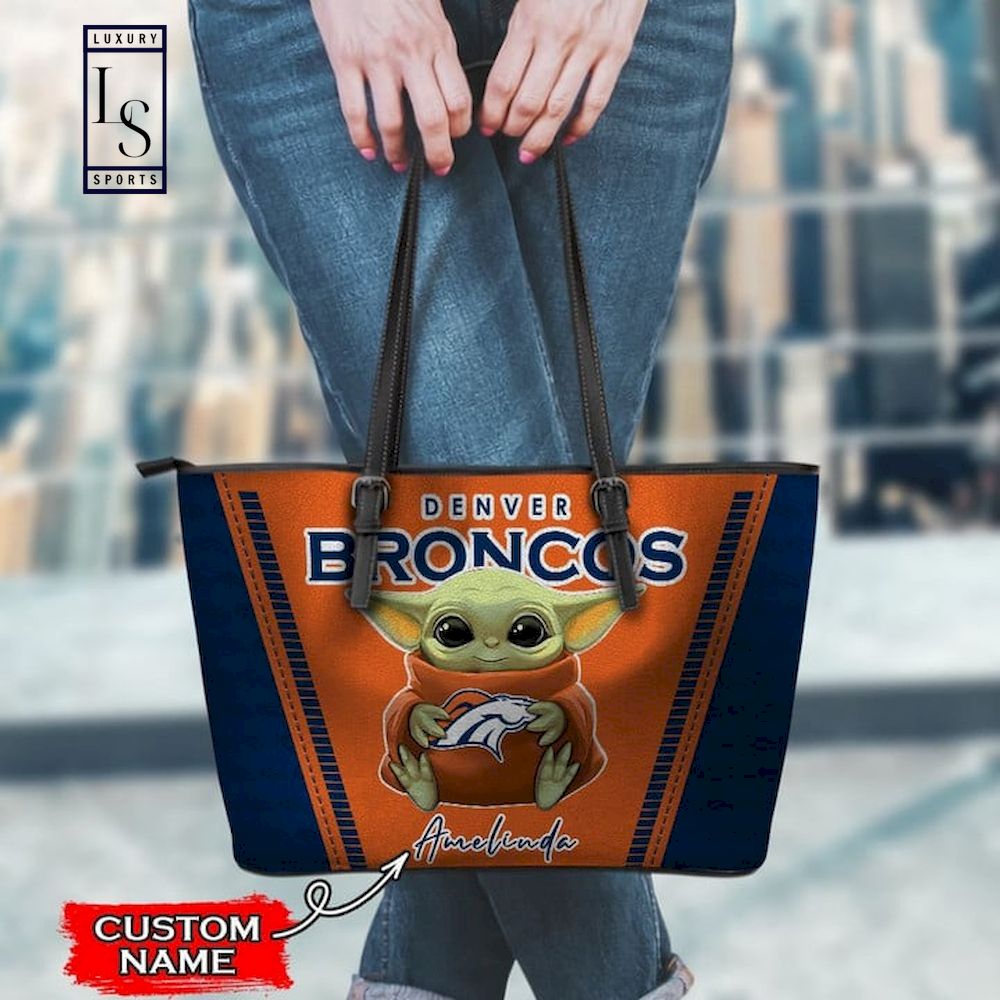 Denver Broncos With Baby Yoda Custom Name Leather Tote Bag