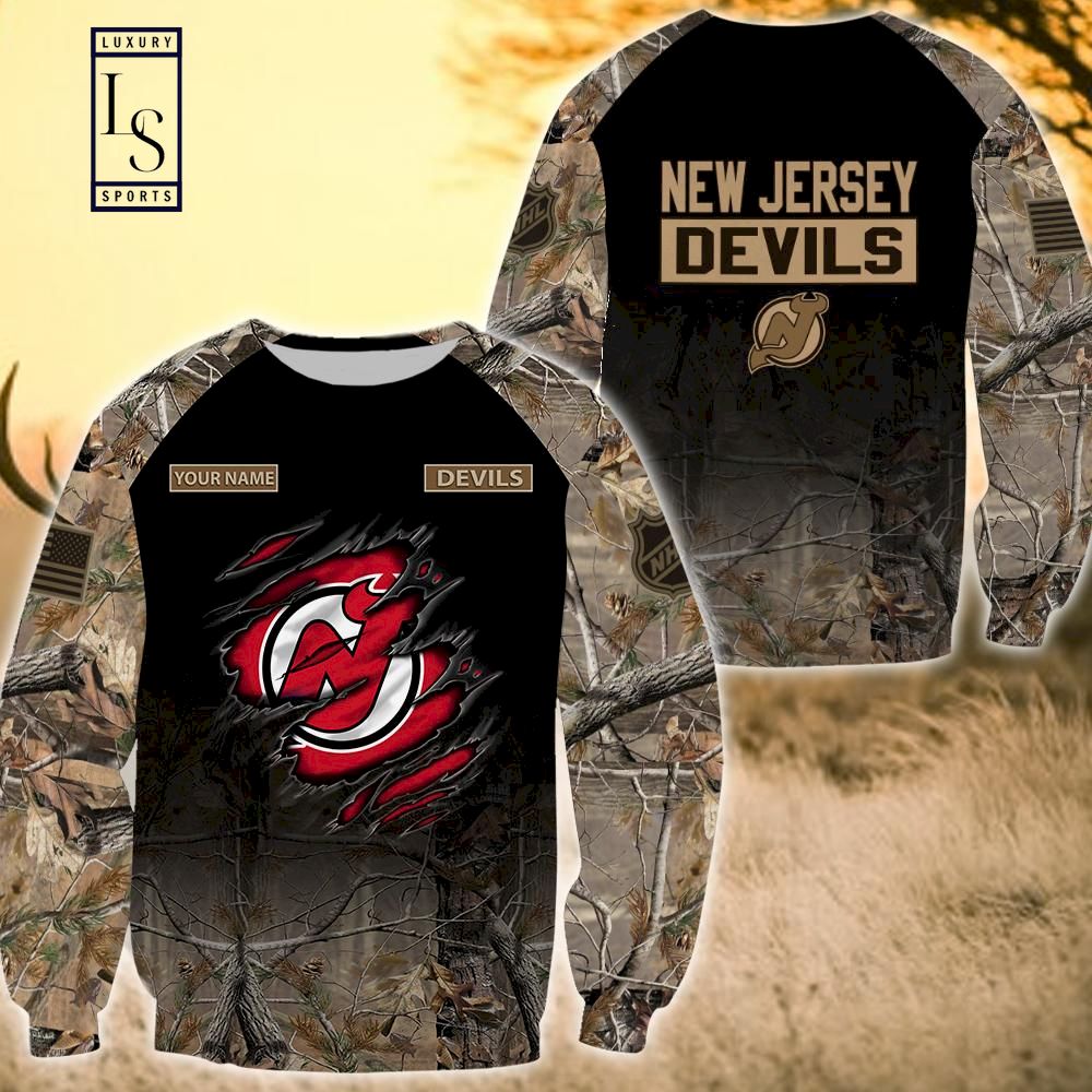 NJ Devils Hoodie 3D Hunting Camo Ripped Logo Custom New Jersey Devils Gift  - Personalized Gifts: Family, Sports, Occasions, Trending