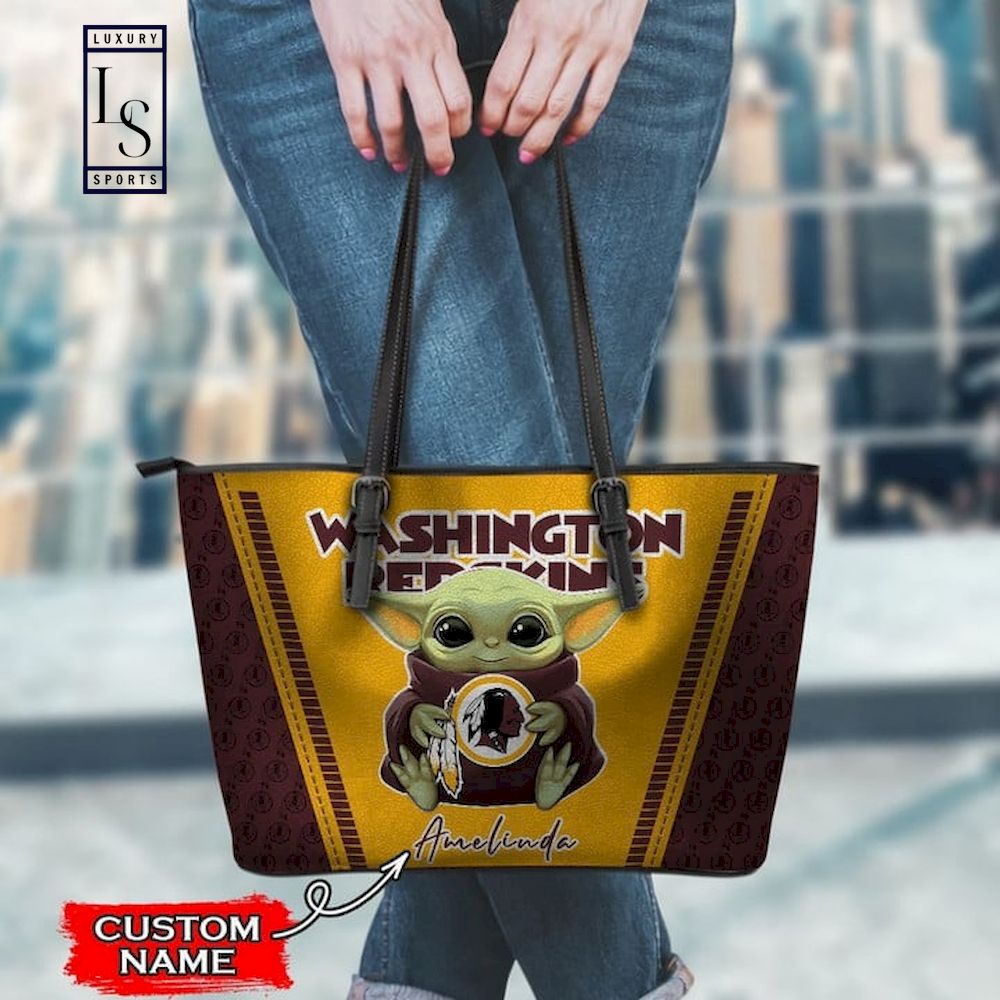 Washington Redskins With Baby Yoda Custom Name Leather Tote Bag