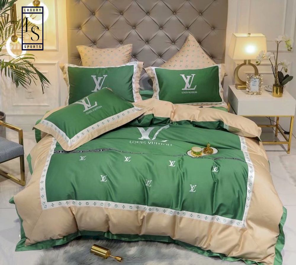 Louis Vuitton Flower Logo Pattern Green Background Bedding Set - Binteez