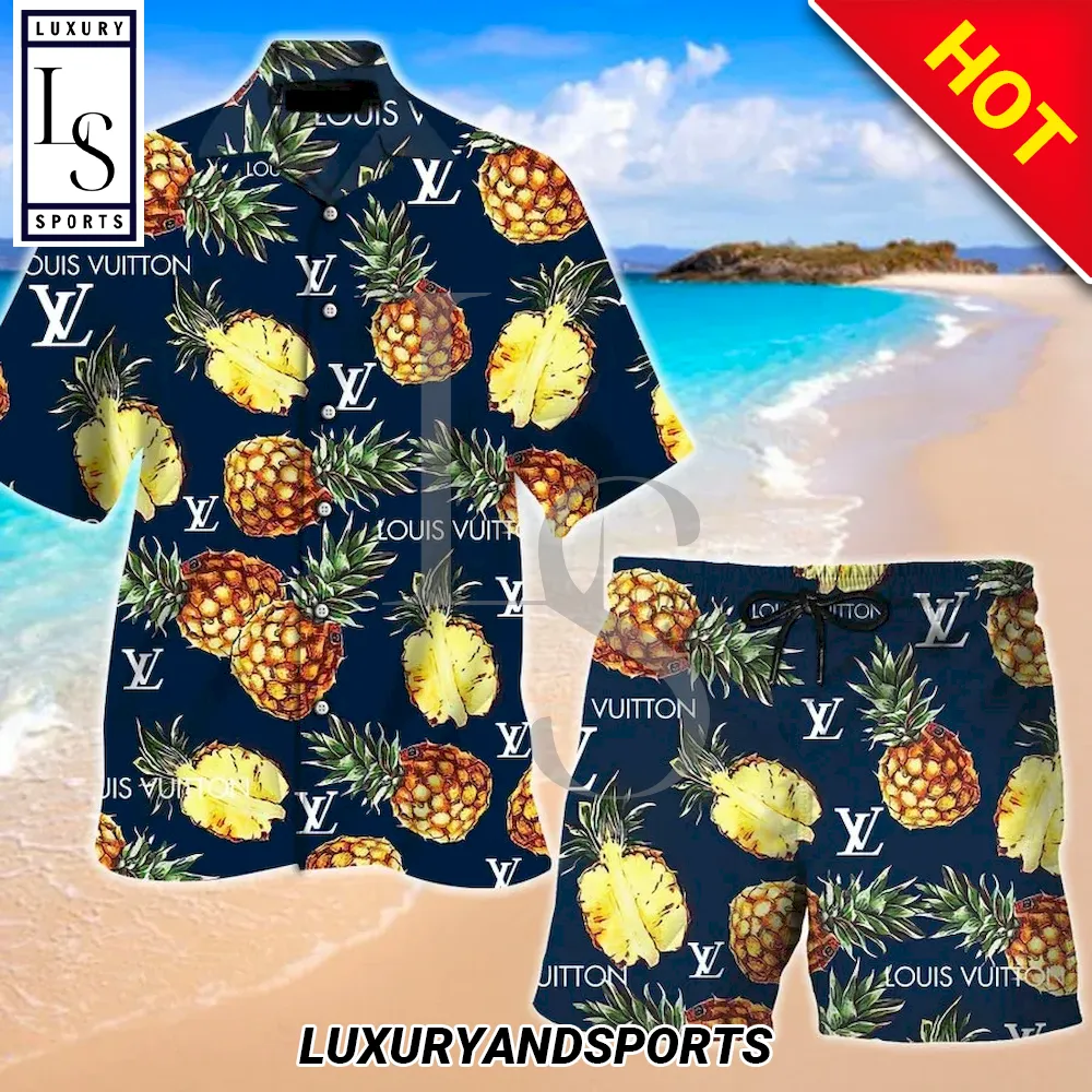 Louis Vuitton Blue Hawaii Shirt Shorts Set & Flip Flops Luxury LV