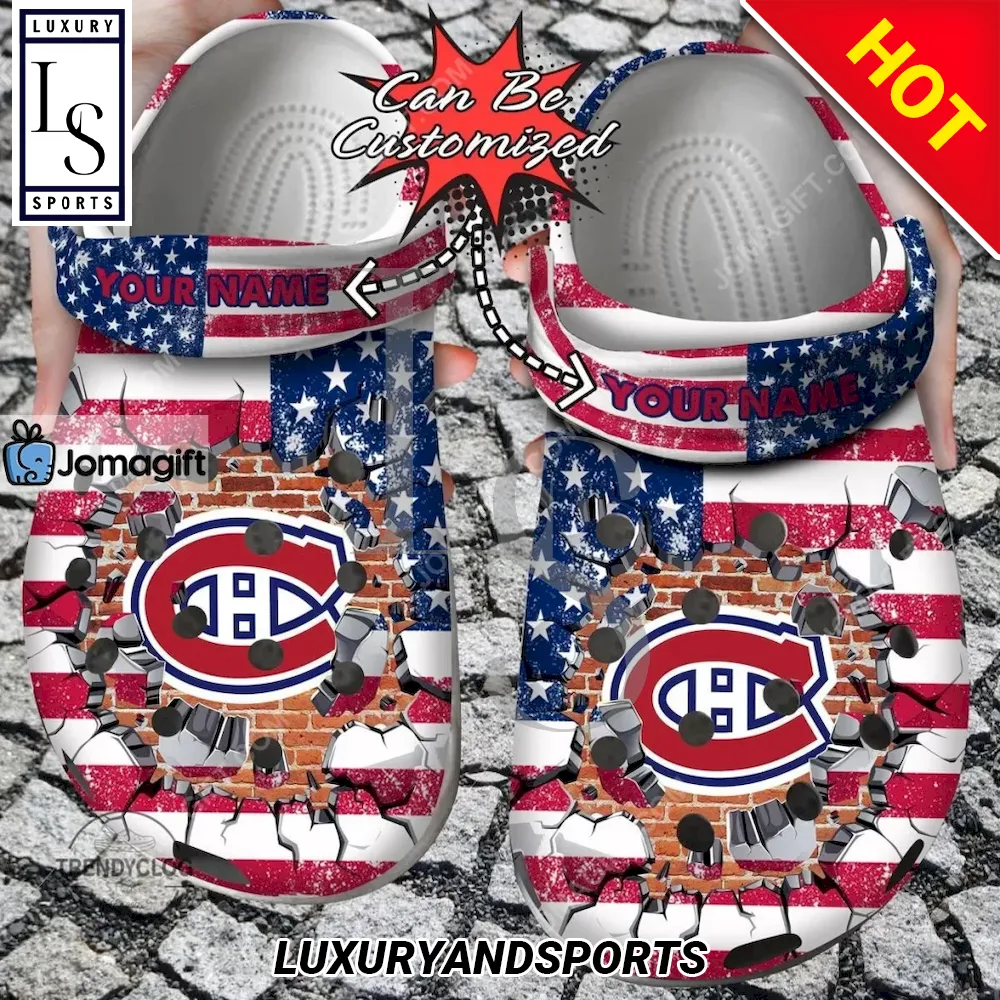 Montreal Canadiens American Flag Breaking Wall Crocs Clog Shoes
