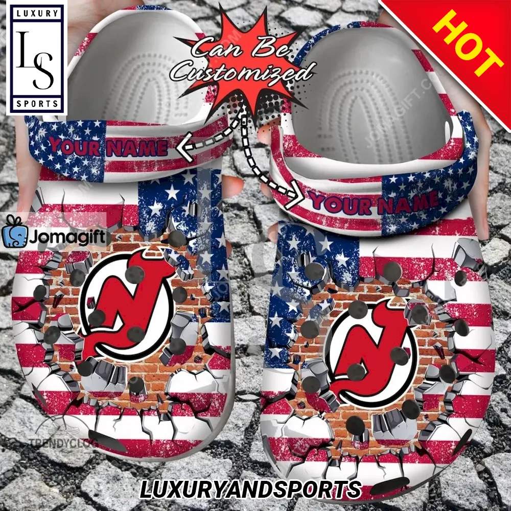 New Jersey Devils American Flag Breaking Wall Crocs Clog Shoes