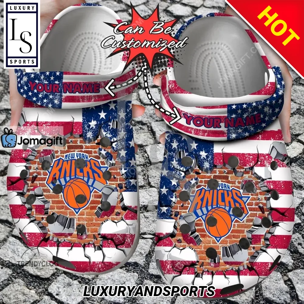 New York Knicks American Flag Breaking Wall Crocs Clog Shoes