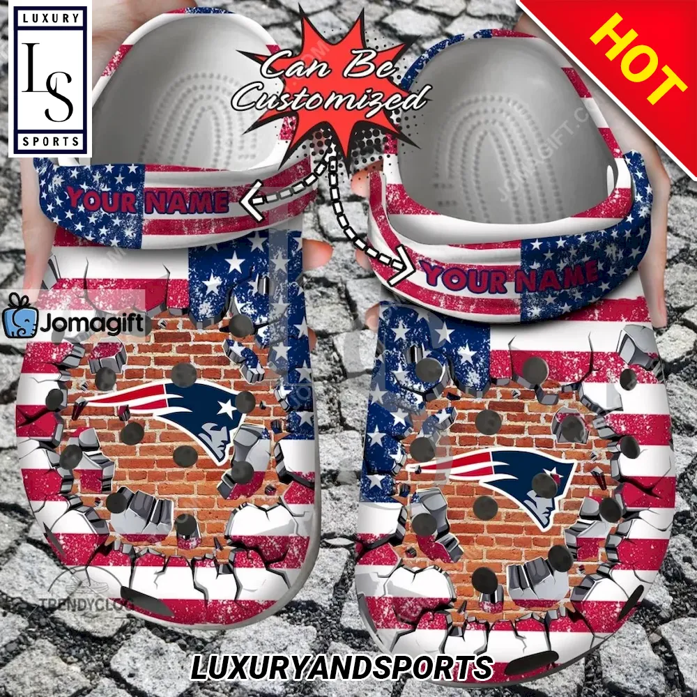 Personalized New England Patriots American Flag Breaking Wall Crocs Shoes