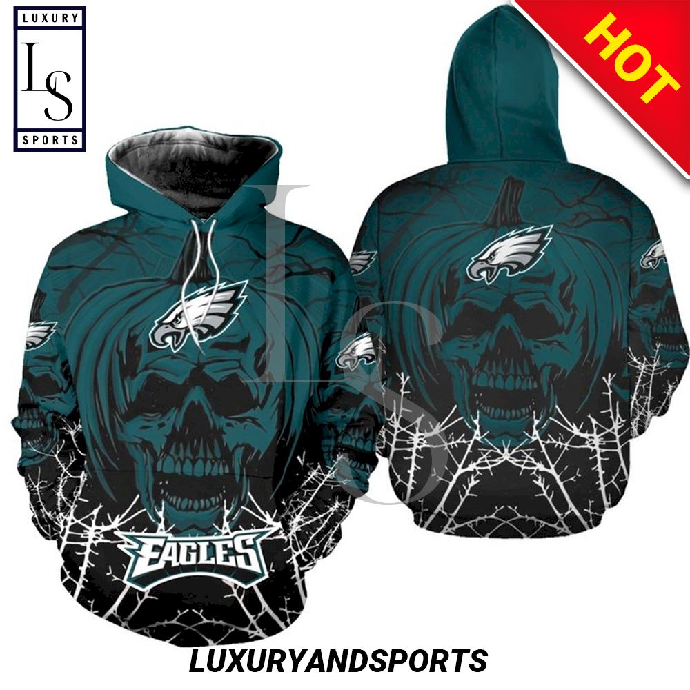 Philadelphia Eagles Halloween Pumpkin Skull NFL Hoodie D