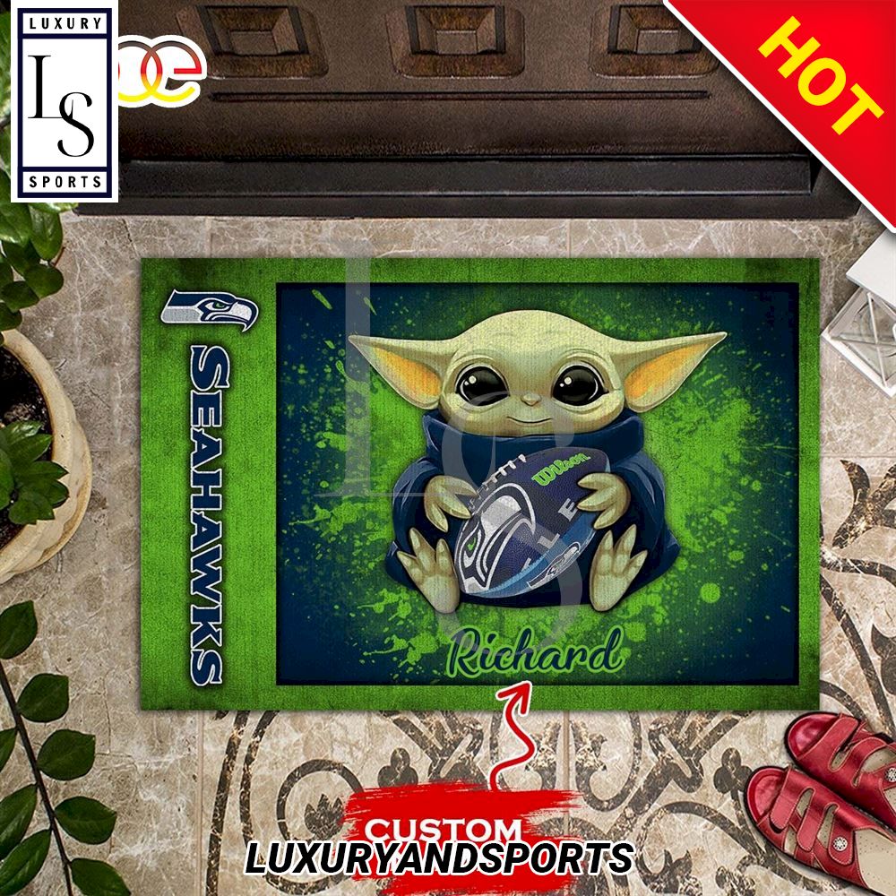 Seattle Seahawks Baby Yoda Personalized Doormat