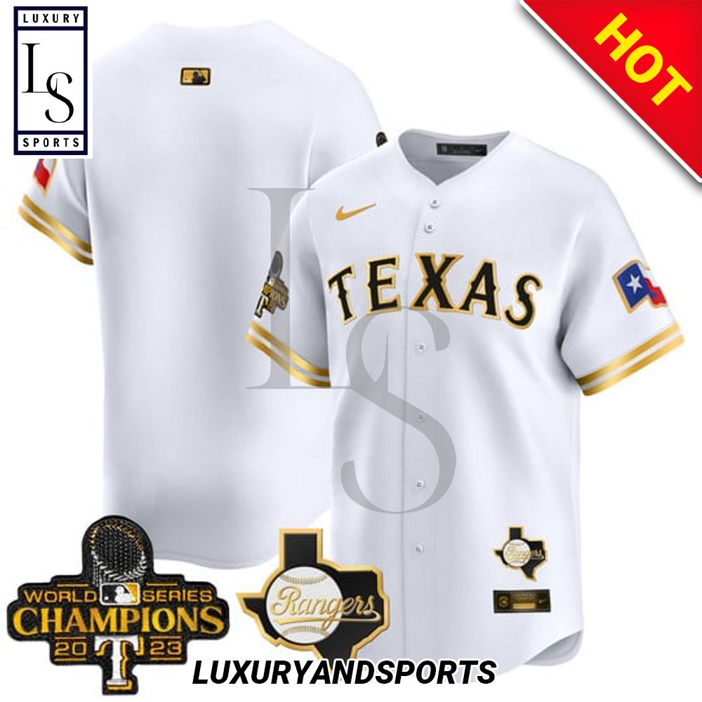 Texas Rangers World Series Champions Nike White Gold Baseball Jersey